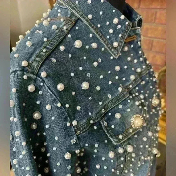QUACKER FACTORY PEARL & RHINESTONE WESTERN BLUE DENIM JEAN JACKET SHACKET SZ S-L - Picture 13 of 15